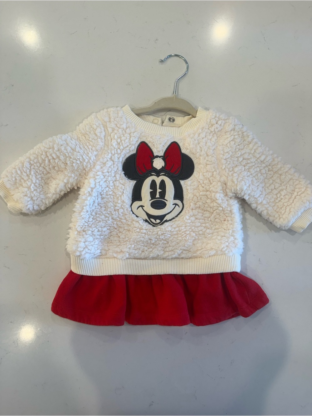 Disney Cream Sherpa Sweatshirt with Red Skirt and Minnie Graphic